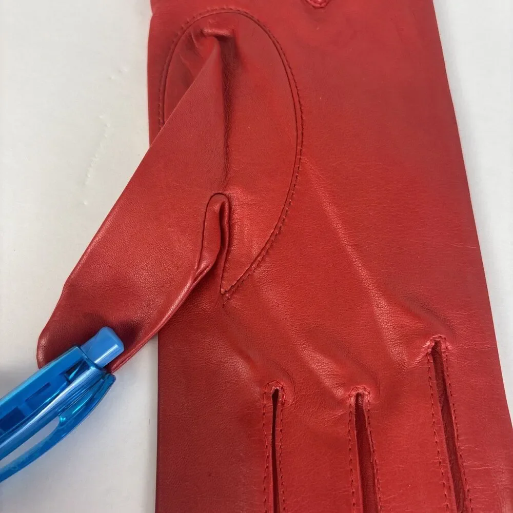 VTG Aris Women's Gloves Red Leather 100% Silk Lined Size 7 1/2 Wrist Length